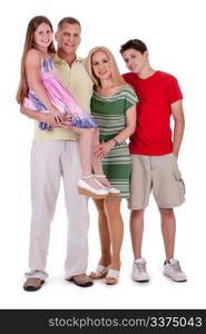 Full length of happy family looking at you over white background