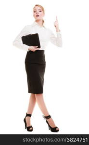 Full length of mad businesswoman boss. Furious teacher woman shaking an admonitory finger isolated. Studio shot.