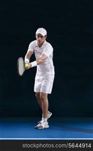 Full length of male tennis player preparing to serve