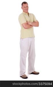 Full length of middle aged man standing and looking at you over isolated white background