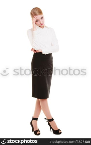 Full length of pensive thoughtful young woman. Overworked businesswoman isolated on white. Studio shot. Troubles in business work.