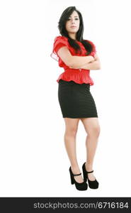 Full length of pretty young business woman on white background