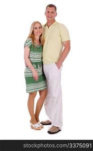 Full length of smiling middle aged couple standing over isolated white background