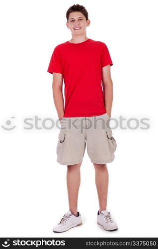 Full length of smiling young boy in casual wear over isolated white background