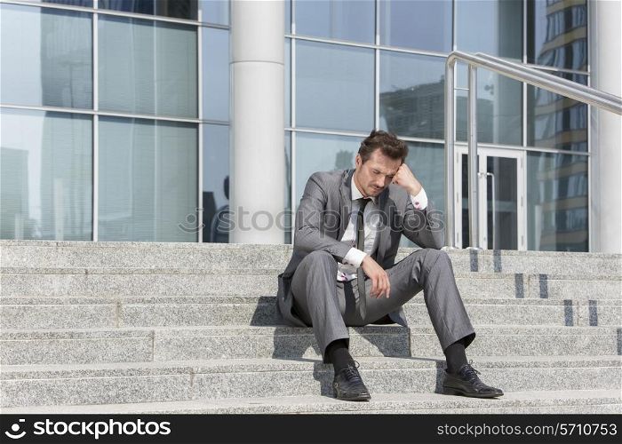 Full length of stressed businessman sitting on steps outside office