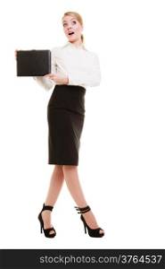 Full length of surprised businesswoman showing document case. Elegant shocked young woman blond emotional girl with briefcase isolated on white. Business and advertisement. Studio shot.