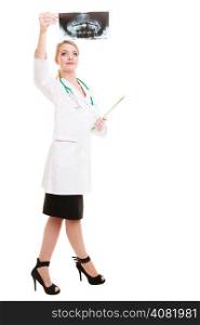 Full length of woman doctor radiologist in lab coat with clipboard looking at the x-ray isolated. Medical person for health insurance.