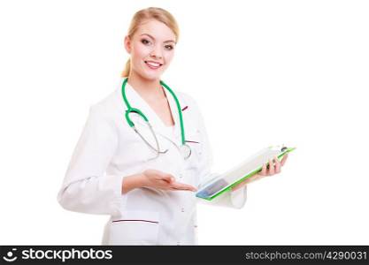 Full length of woman doctor radiologist in lab coat with the x-ray isolated. Medical person for health insurance.