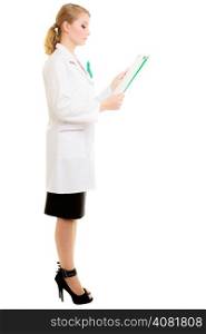 Full length of woman in lab coat with stethoscope and clipboard as doctor isolated. Medical person for health insurance.