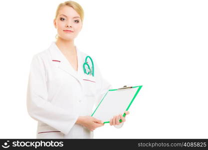 Full length of woman in lab coat with stethoscope and clipboard as doctor isolated. Medical person for health insurance.