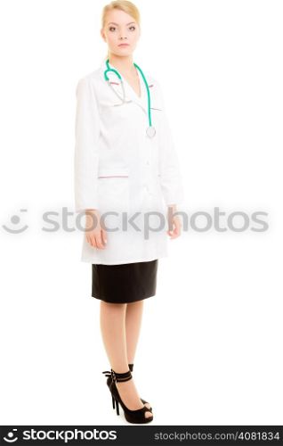 Full length of woman in lab coat with stethoscope as doctor isolated. Medical person for health insurance.