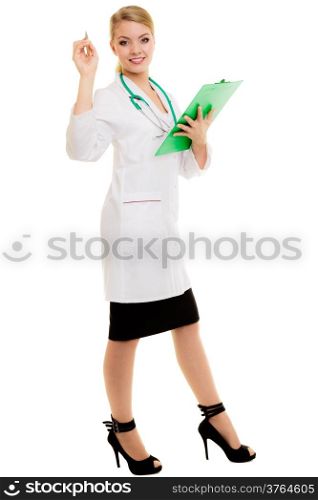 Full length of woman in lab coat with stethoscope clipboard and pen as doctor isolated. Medical person for health insurance.