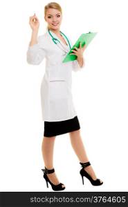 Full length of woman in lab coat with stethoscope clipboard and pen as doctor isolated. Medical person for health insurance.