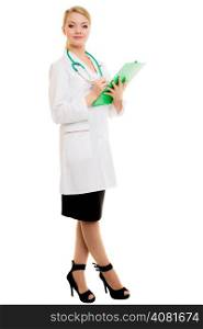 Full length of woman in white lab coat with stethoscope. Doctor with clipboard and pen isolated. Medical person for health insurance.