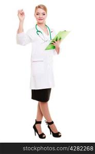 Full length of woman in white lab coat with stethoscope. Doctor with clipboard and pen isolated. Medical person for health insurance.