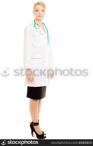 Full length of woman in white lab coat with stethoscope as doctor isolated. Medical person for health insurance.