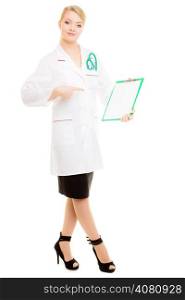 Full length of woman in white lab coat with stethoscope. Doctor holding clipboard isolated. Medical person for health insurance.