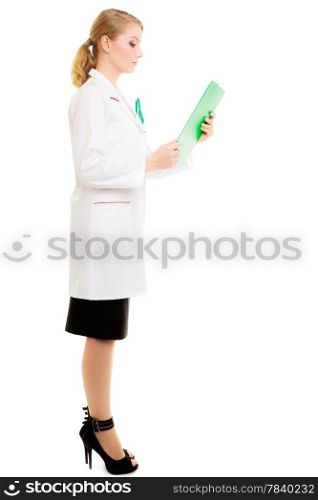 Full length of woman in white lab coat with stethoscope. Doctor holding clipboard isolated. Medical person for health insurance.