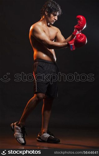 Full length of young boxer wearing gloves