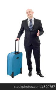 Full length of young businessman with luggage isolated on white background