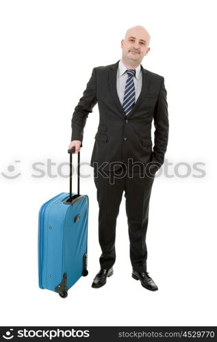 Full length of young businessman with luggage isolated on white background