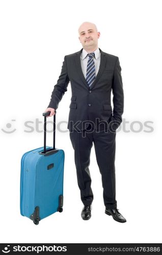Full length of young businessman with luggage isolated on white background