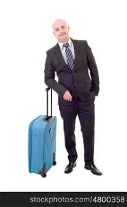 Full length of young businessman with luggage isolated on white background