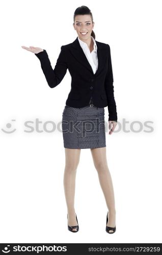 Full length of young woman pointing copysapce over white background