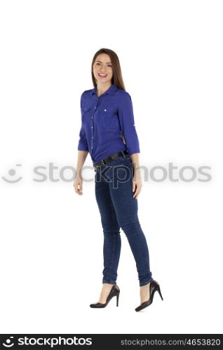Full length portrait of a beautiful woman in blue jeans and shirt, isolated on white