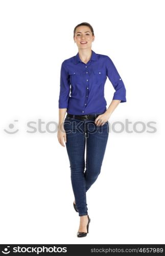 Full length portrait of a beautiful woman in blue jeans and shirt, isolated on white