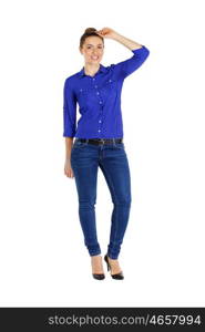 Full length portrait of a beautiful woman in blue jeans and shirt, isolated on white