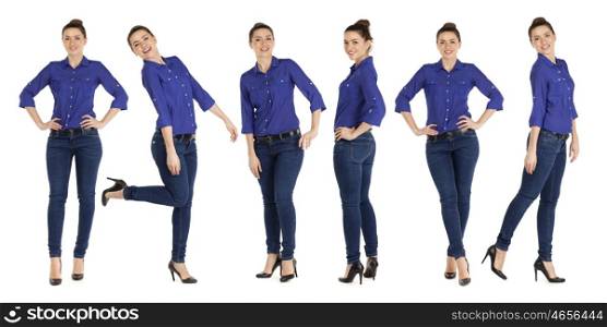 Full length portrait of a beautiful women in blue jeans and shirt, isolated on white