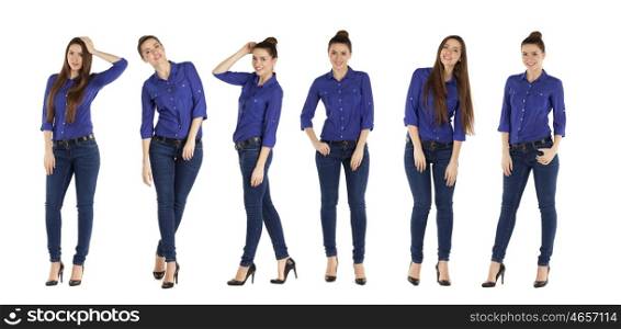 Full length portrait of a beautiful women in blue jeans and shirt, isolated on white