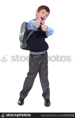 Full length portrait of a schoolboy isolated on white background