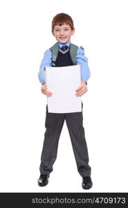 Full length portrait of a schoolboy isolated on white background