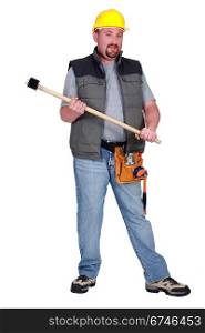 Full-length portrait of a tradesman holding a mallet