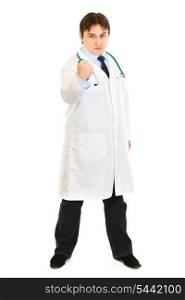 Full length portrait of angry medical doctor threaten with fist isolated on white&#xA;