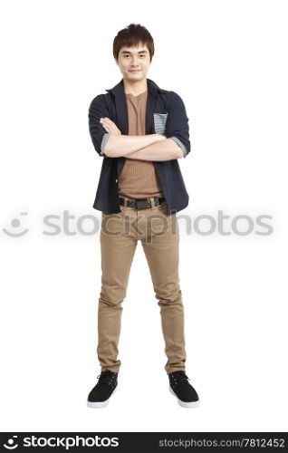Full length portrait of Asian young man and isolated on white