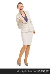 Full length portrait of business woman fist pump