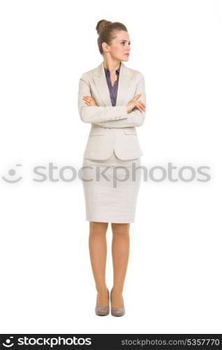 Full length portrait of business woman looking on copy space