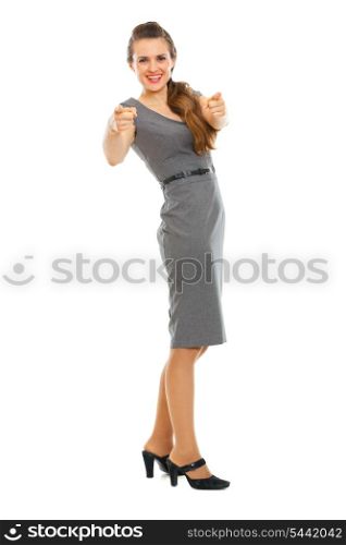 Full length portrait of business woman showing on you