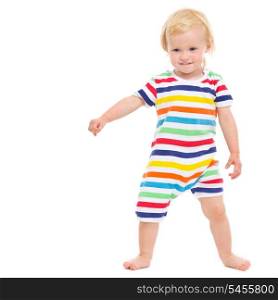Full length portrait of cheerful baby in swimsuit