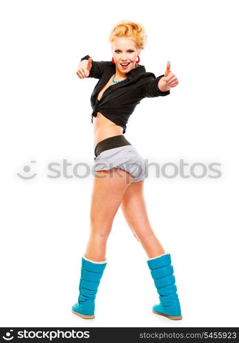 Full length portrait of cheerful young girl standing in half-turn showing thumbs up gesture isolated on white&#xA;