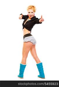 Full length portrait of cheerful young girl standing in half-turn showing thumbs up gesture isolated on white&#xA;