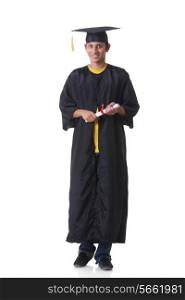 Full length portrait of confident graduate student holding diploma against white background