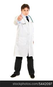 Full length portrait of confident medical doctor ordering to come isolated on white&#xA;