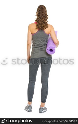 Full length portrait of fitness woman with fitness mat . rear view