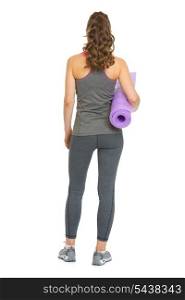 Full length portrait of fitness woman with fitness mat . rear view
