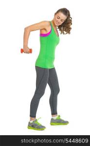 Full length portrait of fitness young woman making exercise with dumbbells