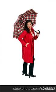 full-length portrait of glamorous brunette holding umbrella